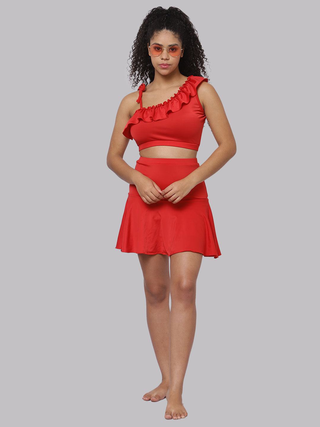 CUKOO Padded Red Frill Swim Top