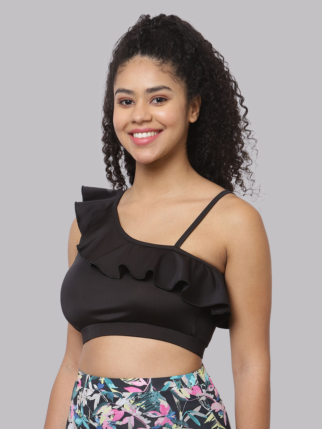 CUKOO Padded Solid Black Frill Swim Top