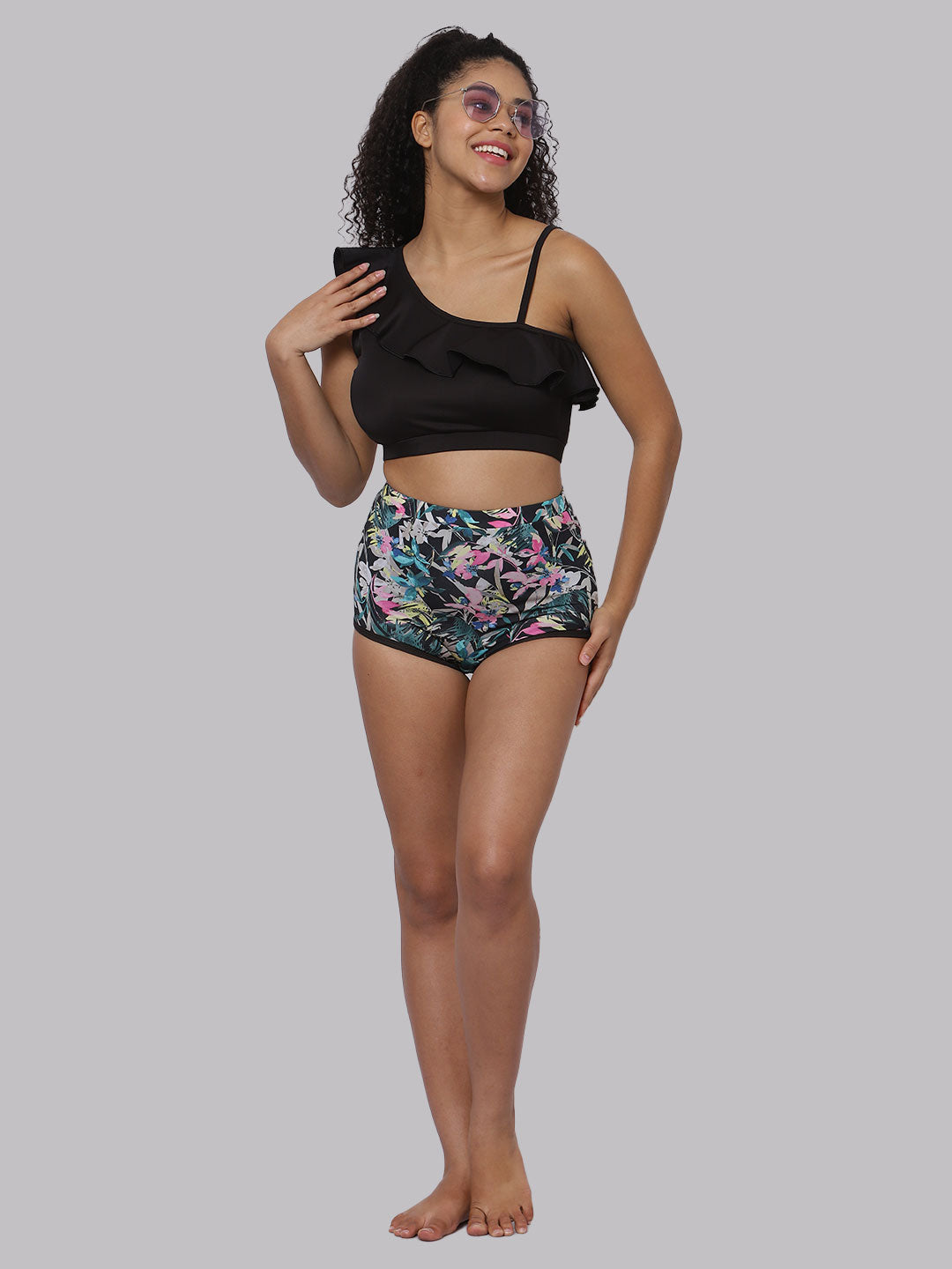CUKOO Padded Solid Black Frill Swim Top