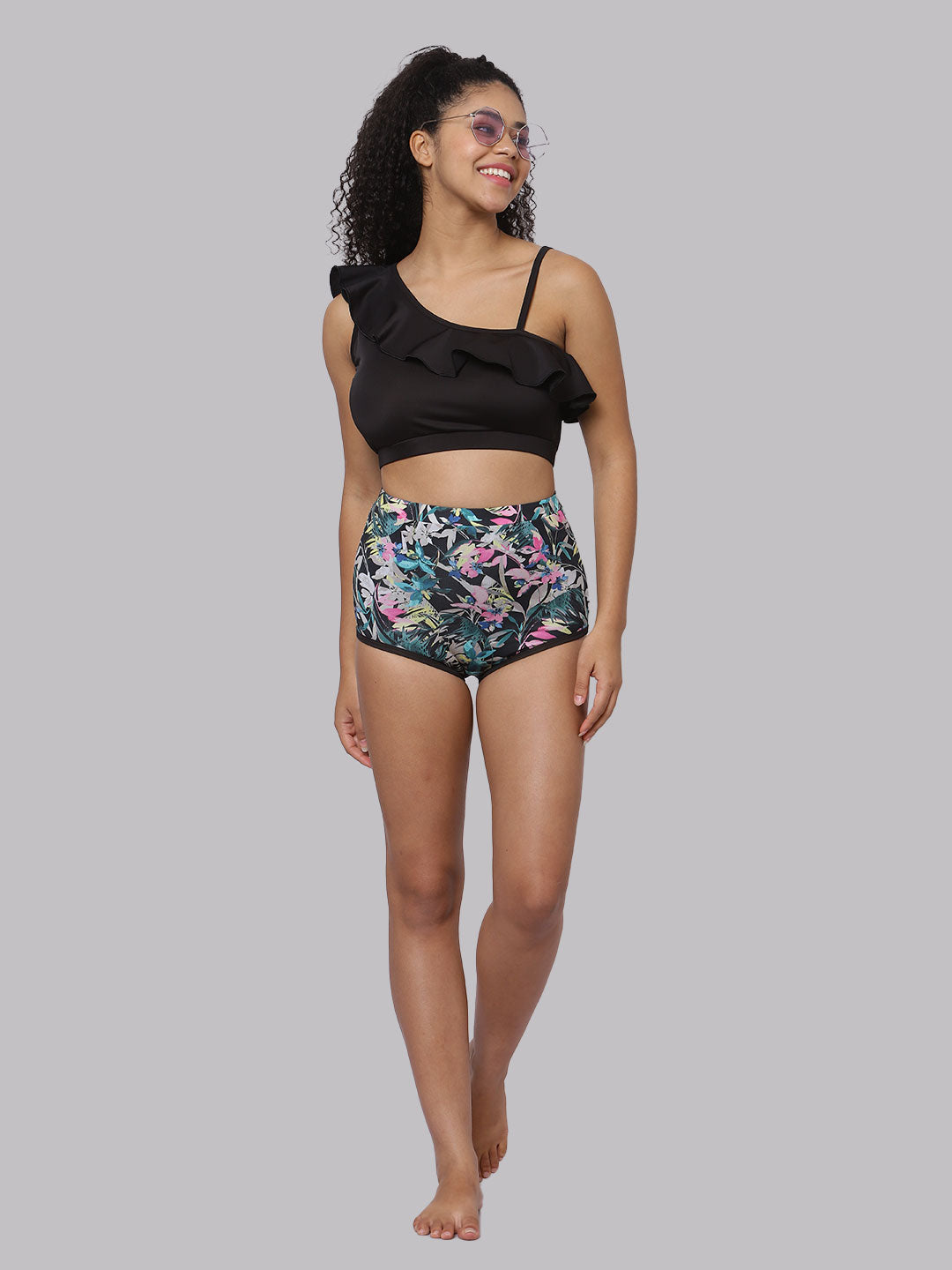 CUKOO Floral Printed Black Swim Bottom for Women