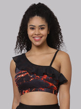 CUKOO Padded Black Printed Frill Swim Top
