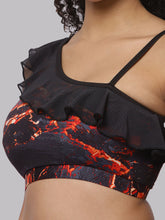 CUKOO Padded Black Printed Frill Swim Top