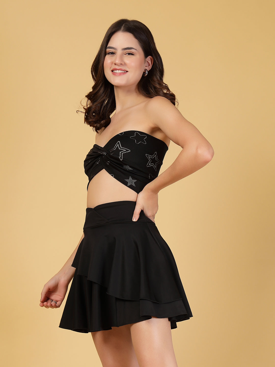 Cukoo Non-Padded Black Star print Swim top and Black Swim Skirt