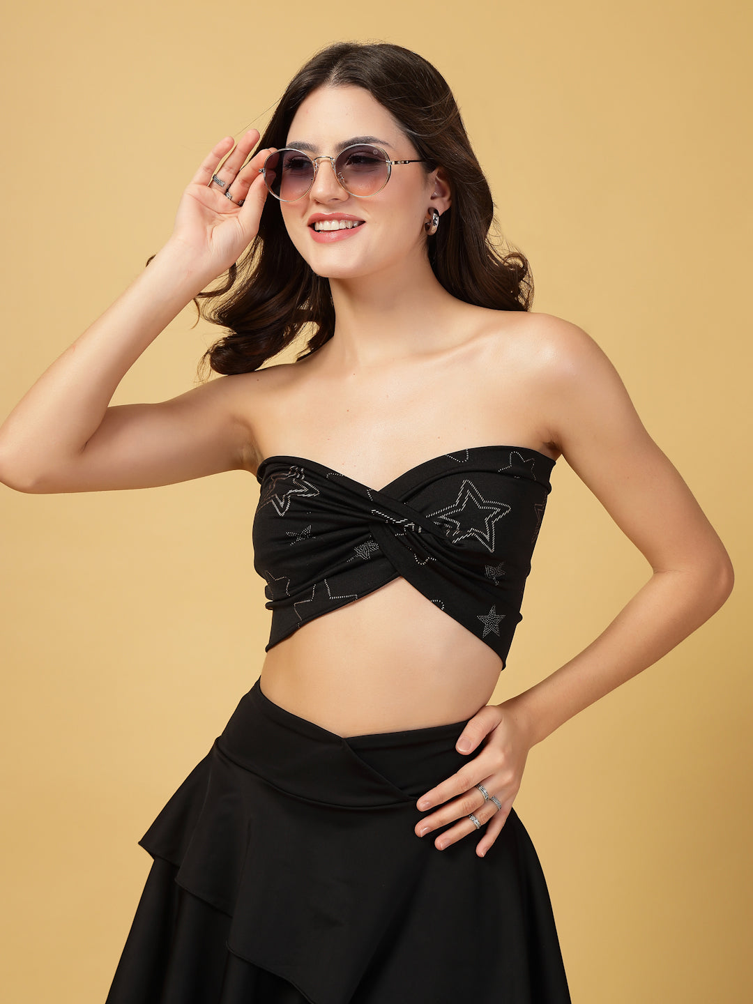 Cukoo Non-Padded Black Star print Swim top and Black Swim Skirt