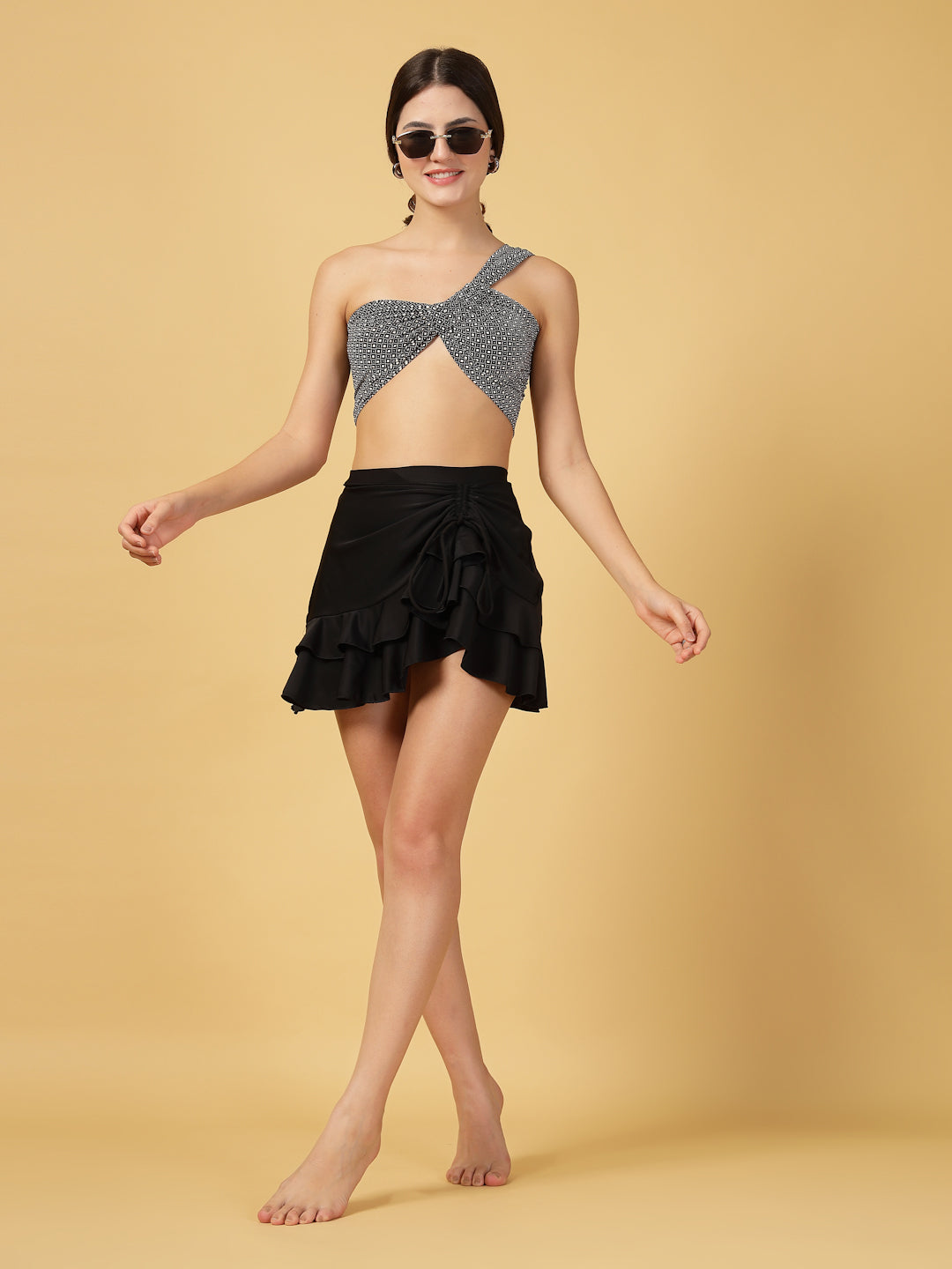 Cukoo Non-Padded Geometric Print Swim top and Swim Skirt