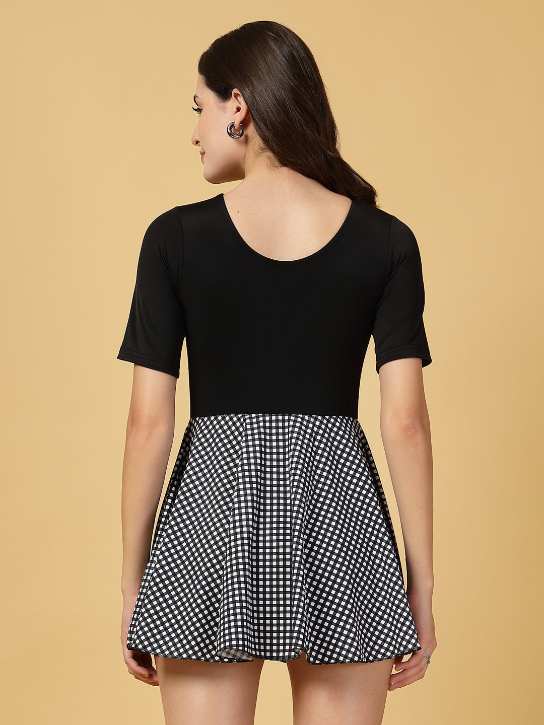 CUKOO Black checkered Half Sleeve Skirted swimwear