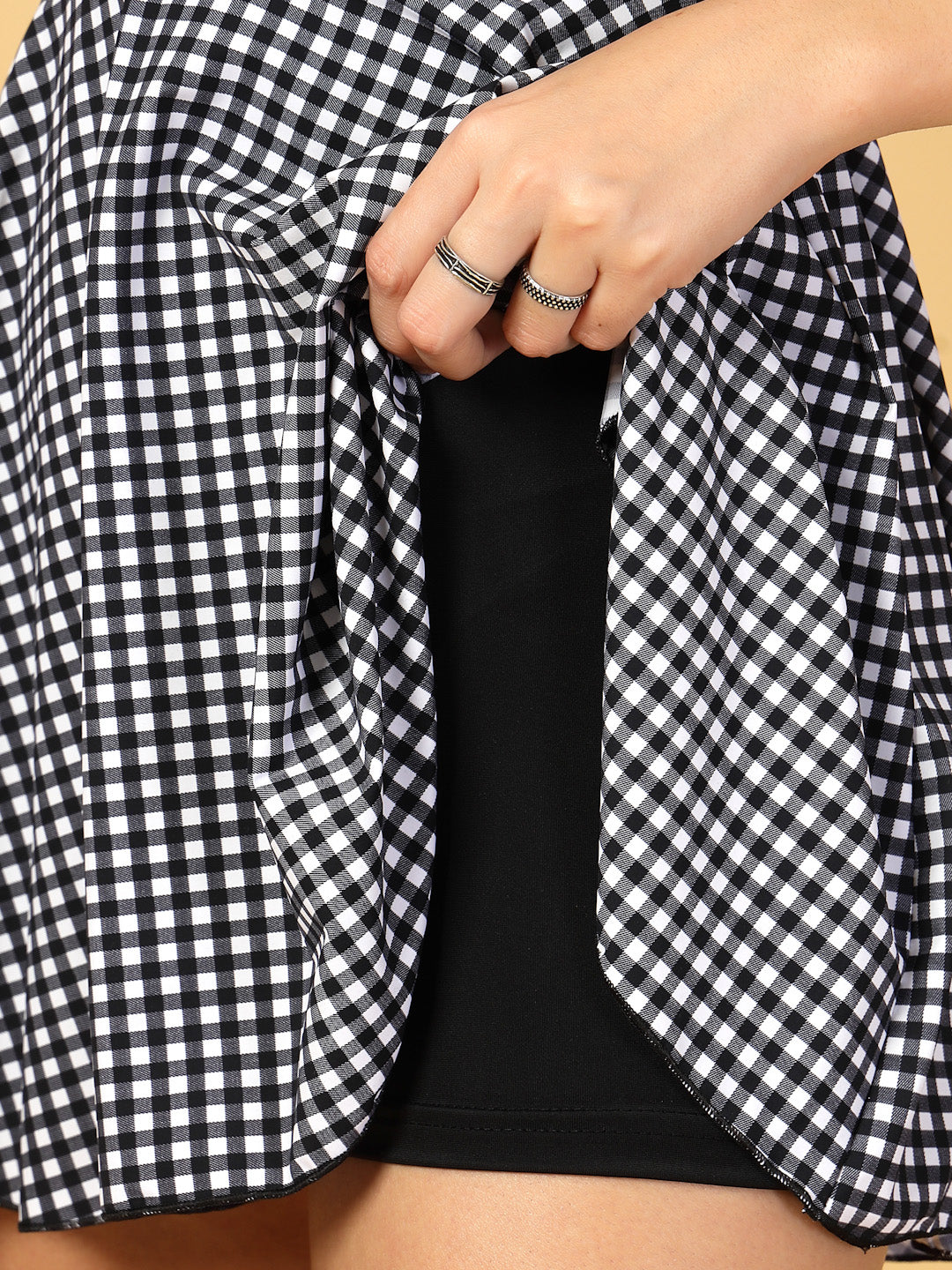 CUKOO Black checkered Half Sleeve Skirted swimwear