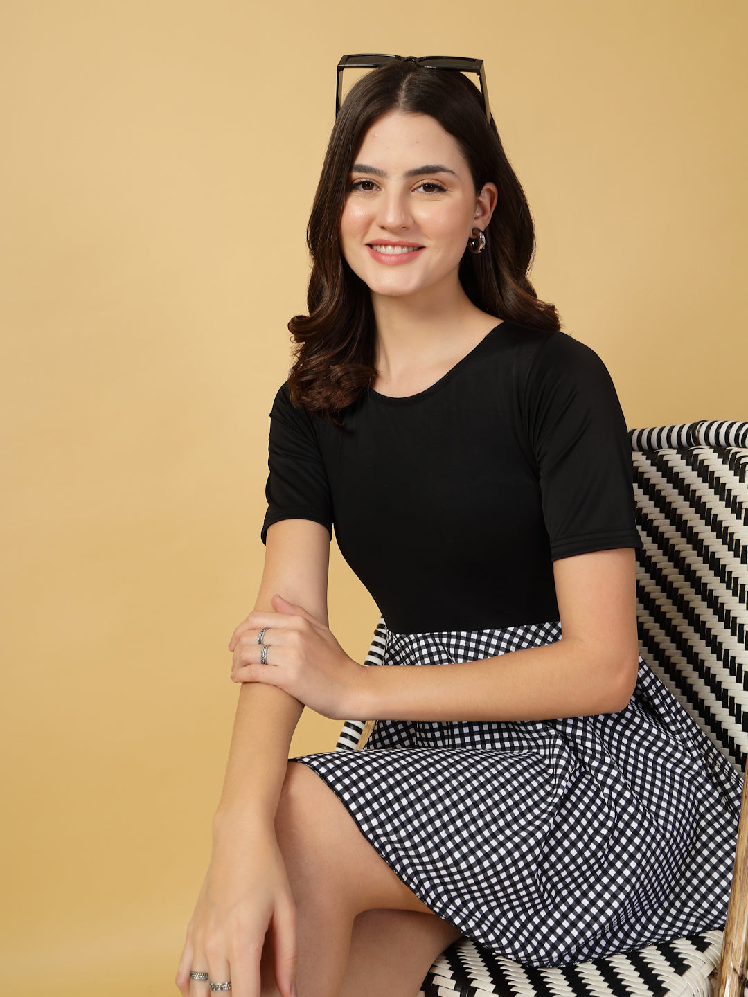 CUKOO Black checkered Half Sleeve Skirted swimwear
