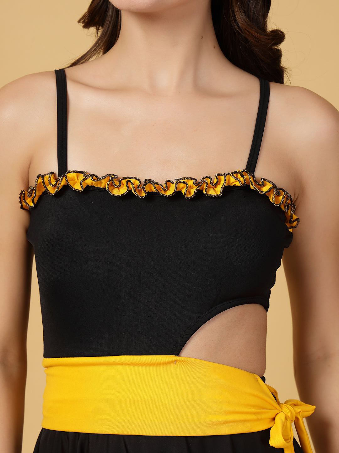 CUKOO Black & Yellow Cut-Out One piece Swimwear