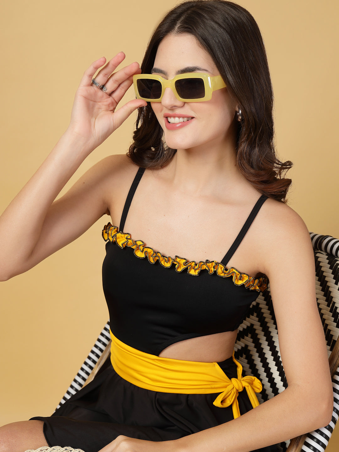 CUKOO Black & Yellow Cut-Out One piece Swimwear