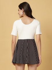 CUKOO White n Black Stripe Half Sleeve Skirted swimwear