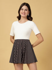 CUKOO White n Black Stripe Half Sleeve Skirted swimwear