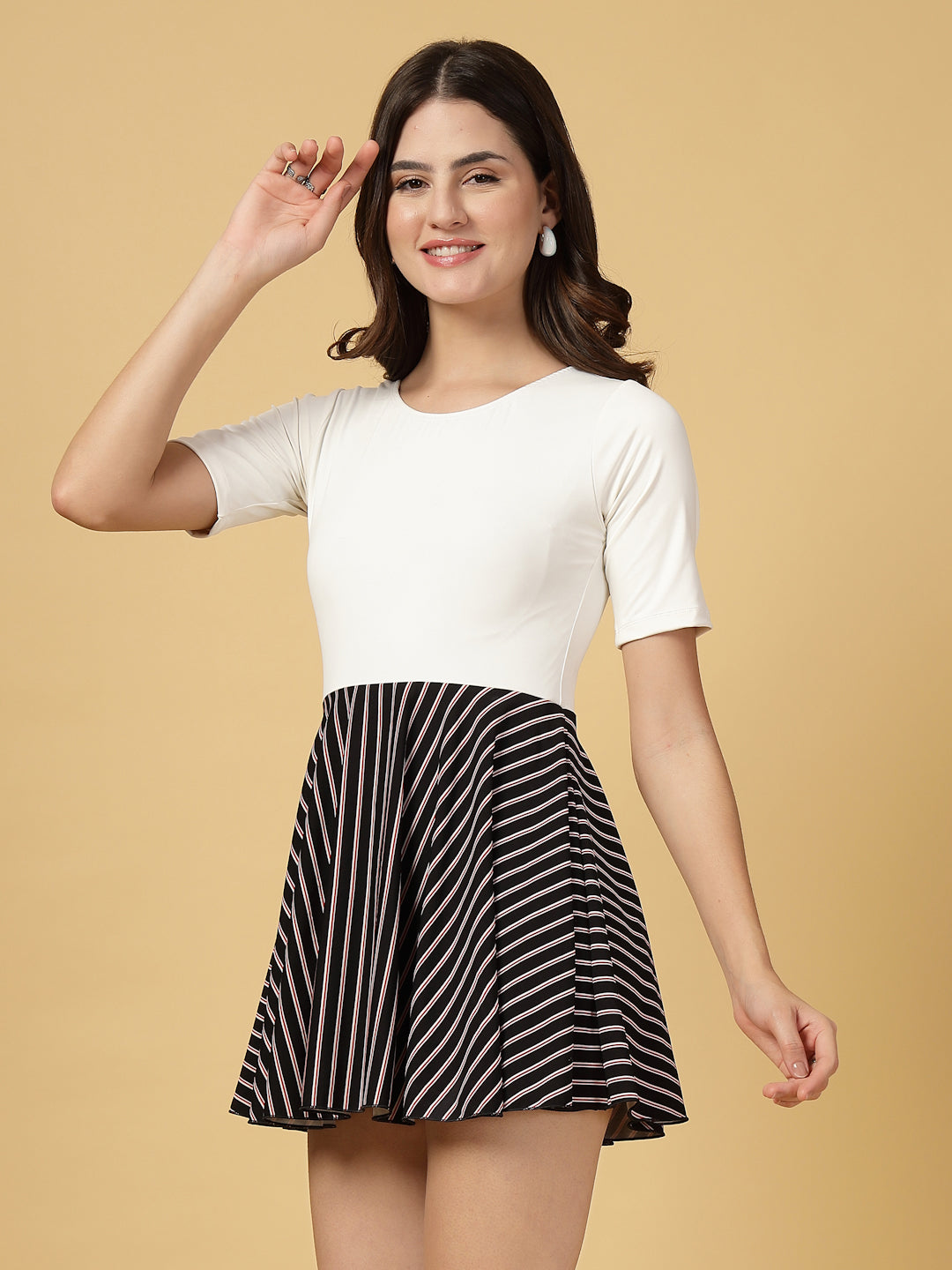 CUKOO White n Black Stripe Half Sleeve Skirted swimwear