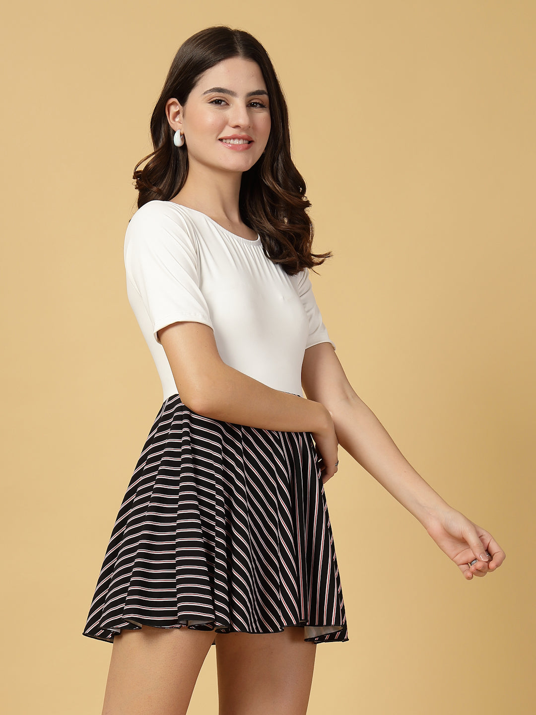 CUKOO White n Black Stripe Half Sleeve Skirted swimwear