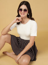 CUKOO White n Black Stripe Half Sleeve Skirted swimwear