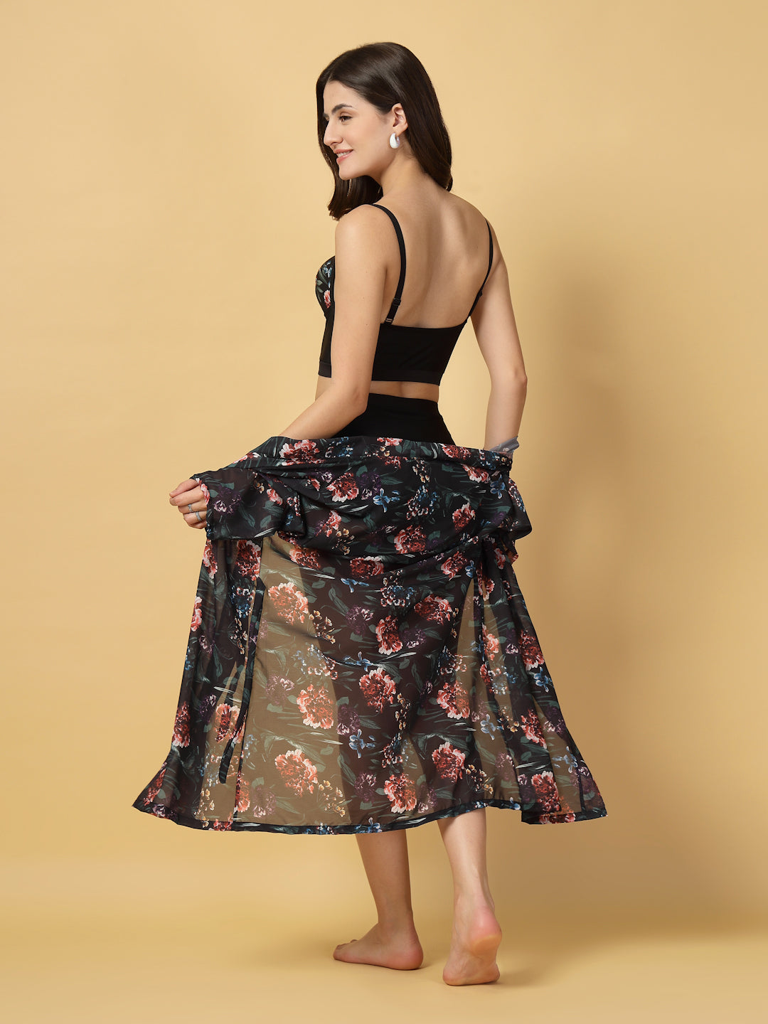Padded Black-Red Floral Print 3 pc Swim Set