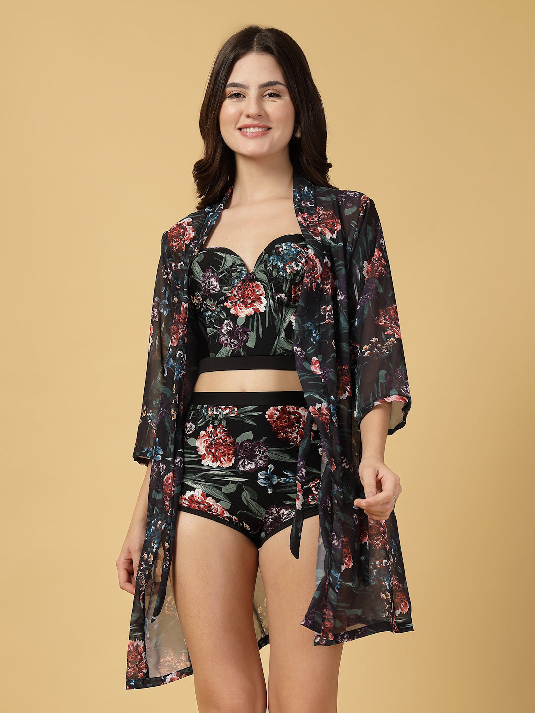 Padded Black-Red Floral Print 3 pc Swim Set