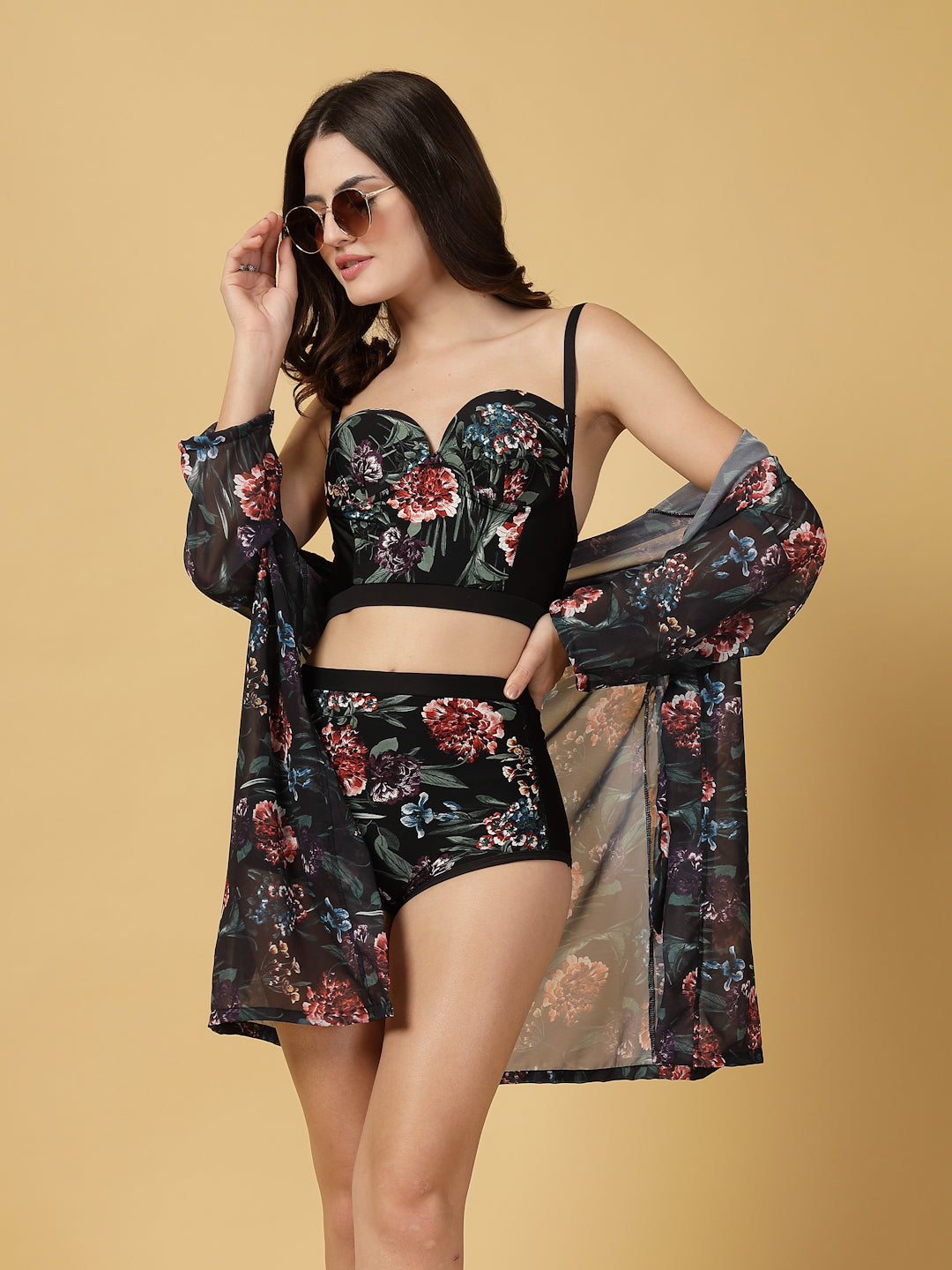 Padded Black-Red Floral Print 3 pc Swim Set