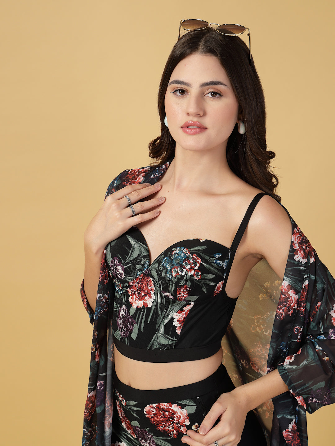 Padded Black-Red Floral Print 3 pc Swim Set