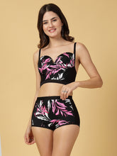 Padded Black-Pink Floral Print 3 pc Swim Set