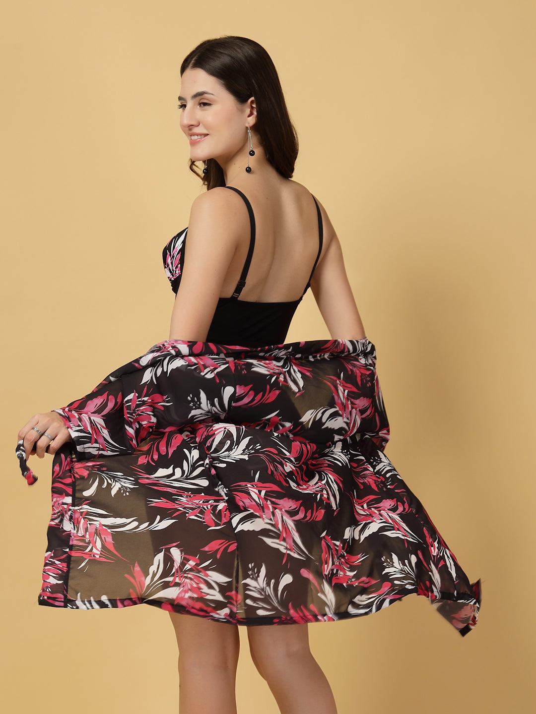 Padded Black-Pink Floral Print 3 pc Swim Set