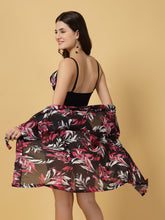 Padded Black-Pink Floral Print 3 pc Swim Set