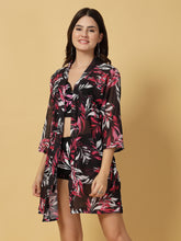 Padded Black-Pink Floral Print 3 pc Swim Set