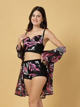 Padded Black-Pink Floral Print 3 pc Swim Set