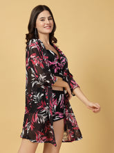 Padded Black-Pink Floral Print 3 pc Swim Set