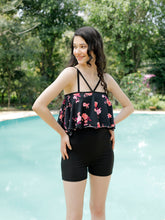 CUKOO Padded Black Floral Printed Frills One-Piece Swimwear