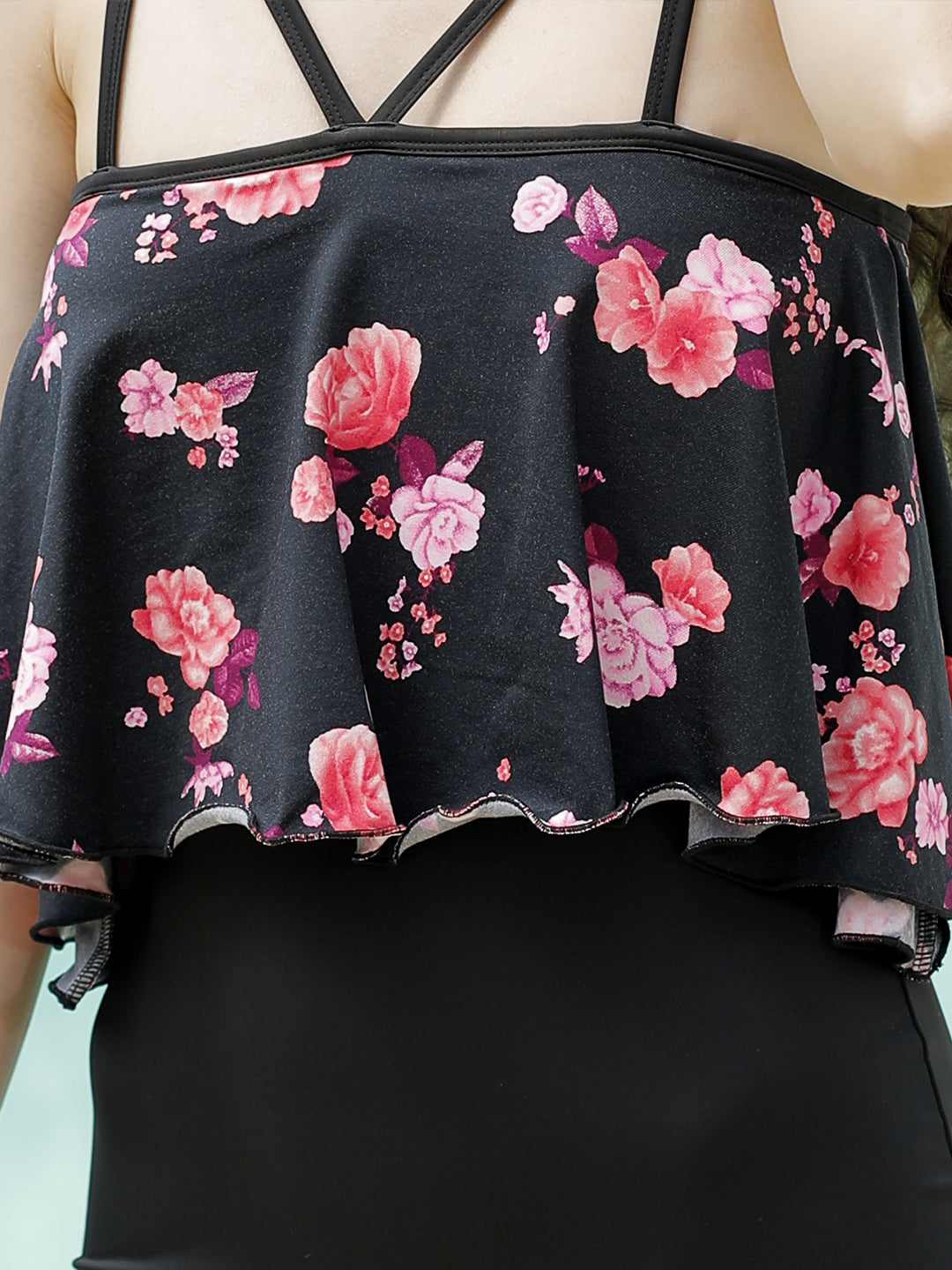 CUKOO Padded Black Floral Printed Frills One-Piece Swimwear