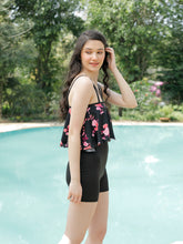 CUKOO Padded Black Floral Printed Frills One-Piece Swimwear