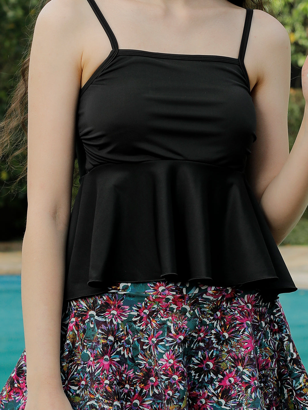 CUKOO Padded Floral Printed Pink & Black Two piece Skirtini Swimwear