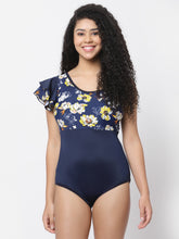 CUKOO Padded Shoulder frill Navy Blue Floral Printed Swimwear/Monikini