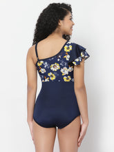 CUKOO Padded Shoulder frill Navy Blue Floral Printed Swimwear/Monikini