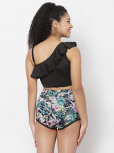 CUKOO Padded Black Frill Floral Printed Swimwear