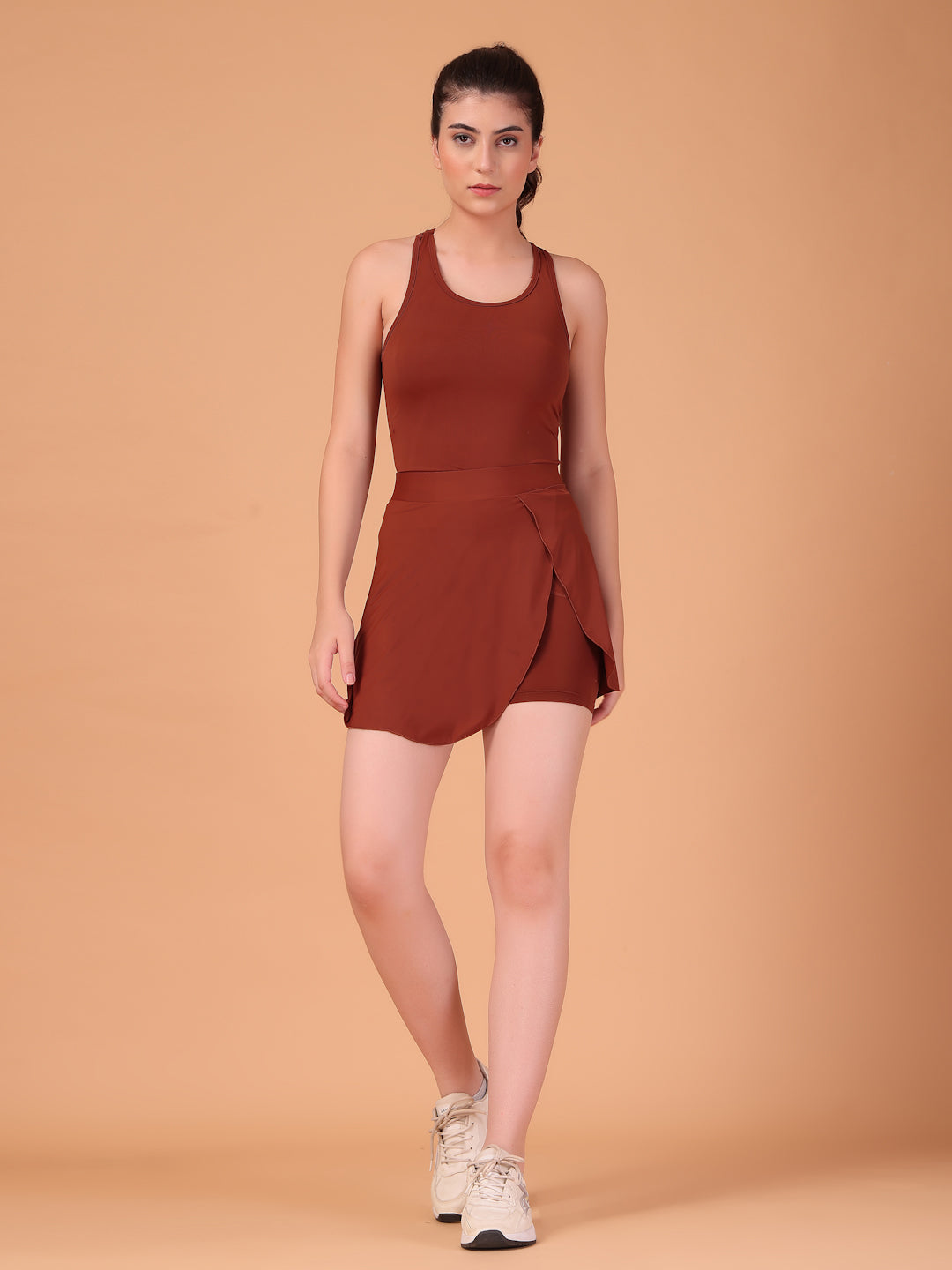 Women’s Cocoa Brown High Waist Skirt with Built-in Shorts & Hidden Pocket – Stretch, Breathable & Anti-Chafe