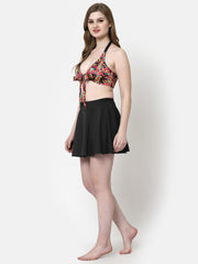 CUKOO Padded Black and Multi Printed Two piece Skirtini Swimwear