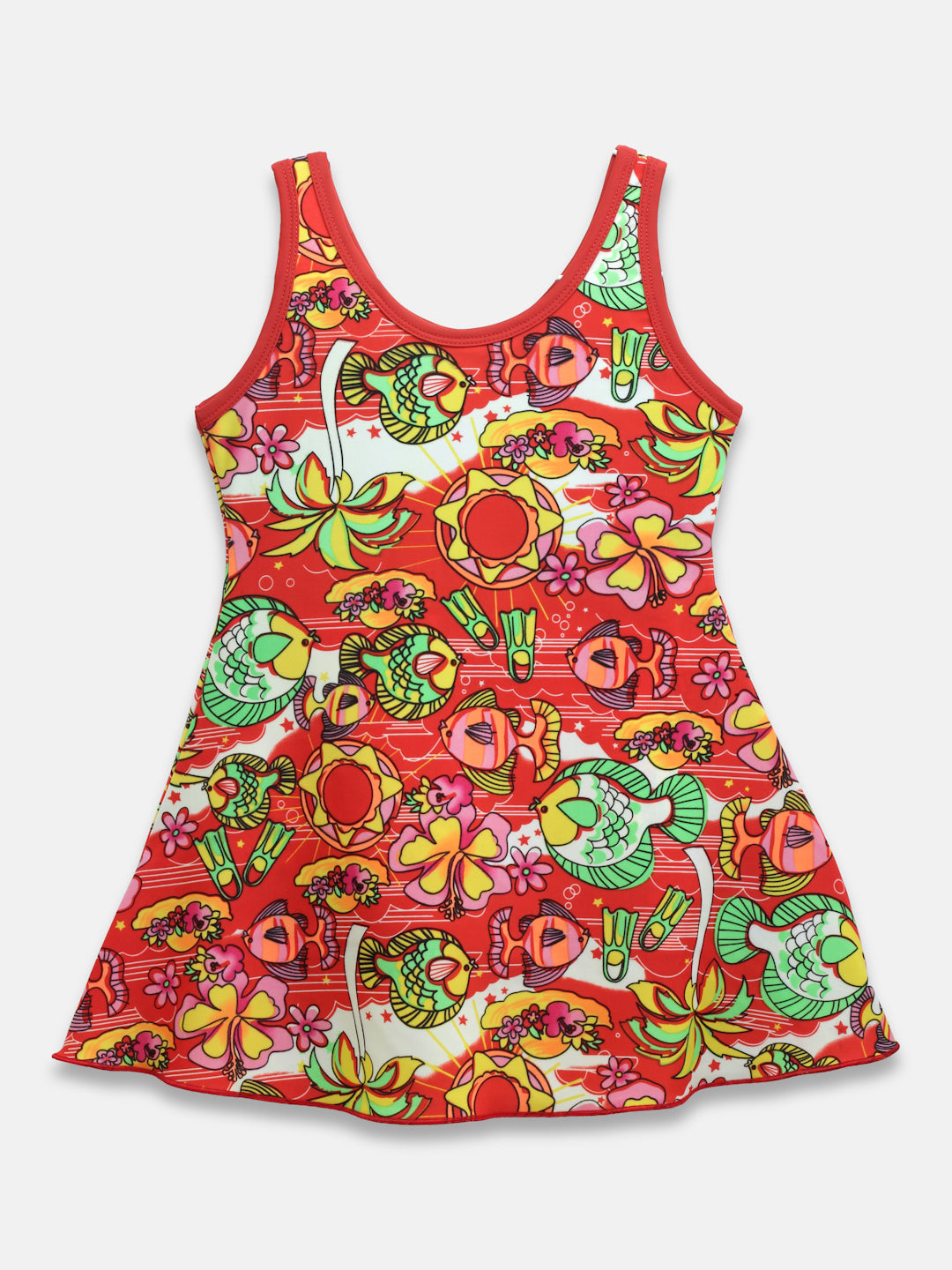 Cukoo Solid Single Piece Fish Printed Red kids Swimsuit