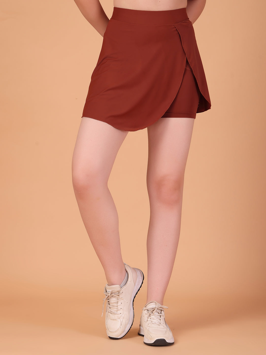 Women’s Cocoa Brown High Waist Skirt with Built-in Shorts & Hidden Pocket – Stretch, Breathable & Anti-Chafe