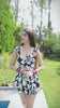 Black with White Floral Print Skirted Swimwear / Swimsuit with Attached Shorts