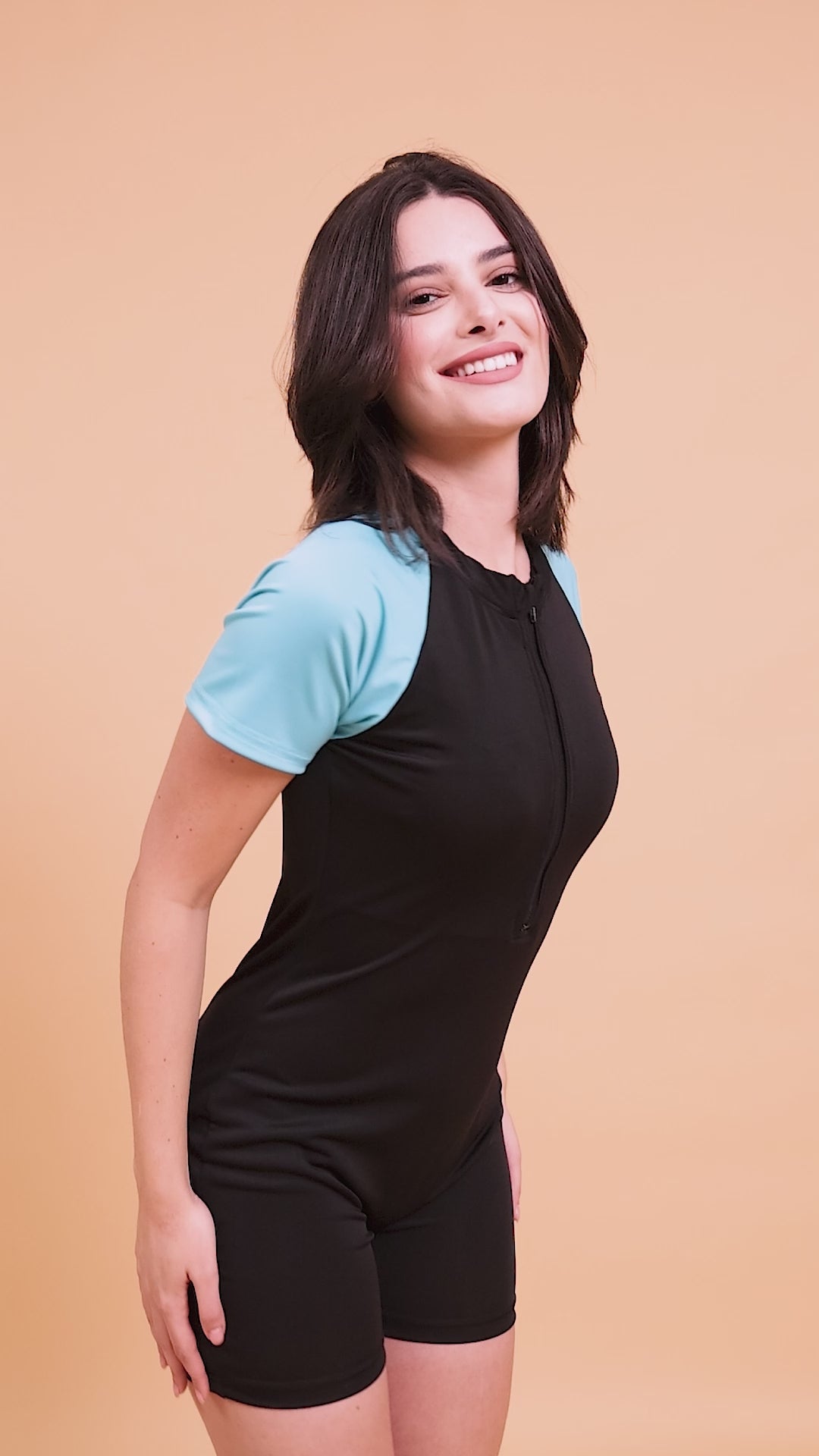 CUKOO Padded Black & Aqua Short-Sleeve SwimsuitSwimwear