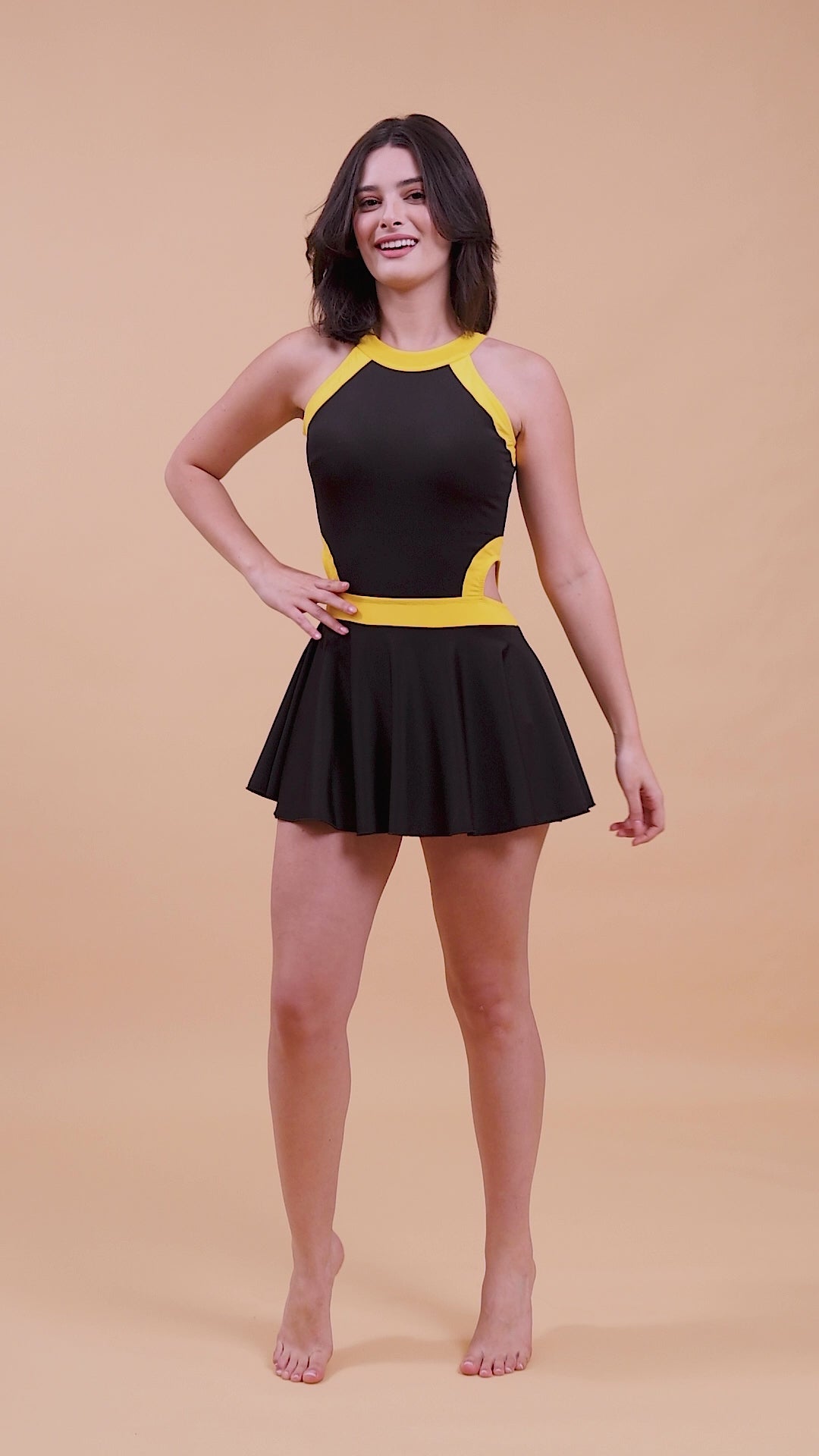 CUKOO Padded Black with Yellow Border Skirted Swimwear