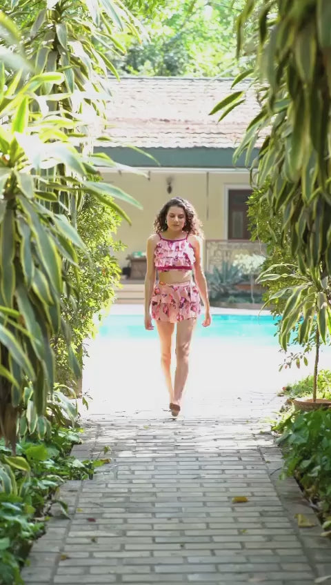 CUKOO Padded Pink Floral Skirtini Swimwear