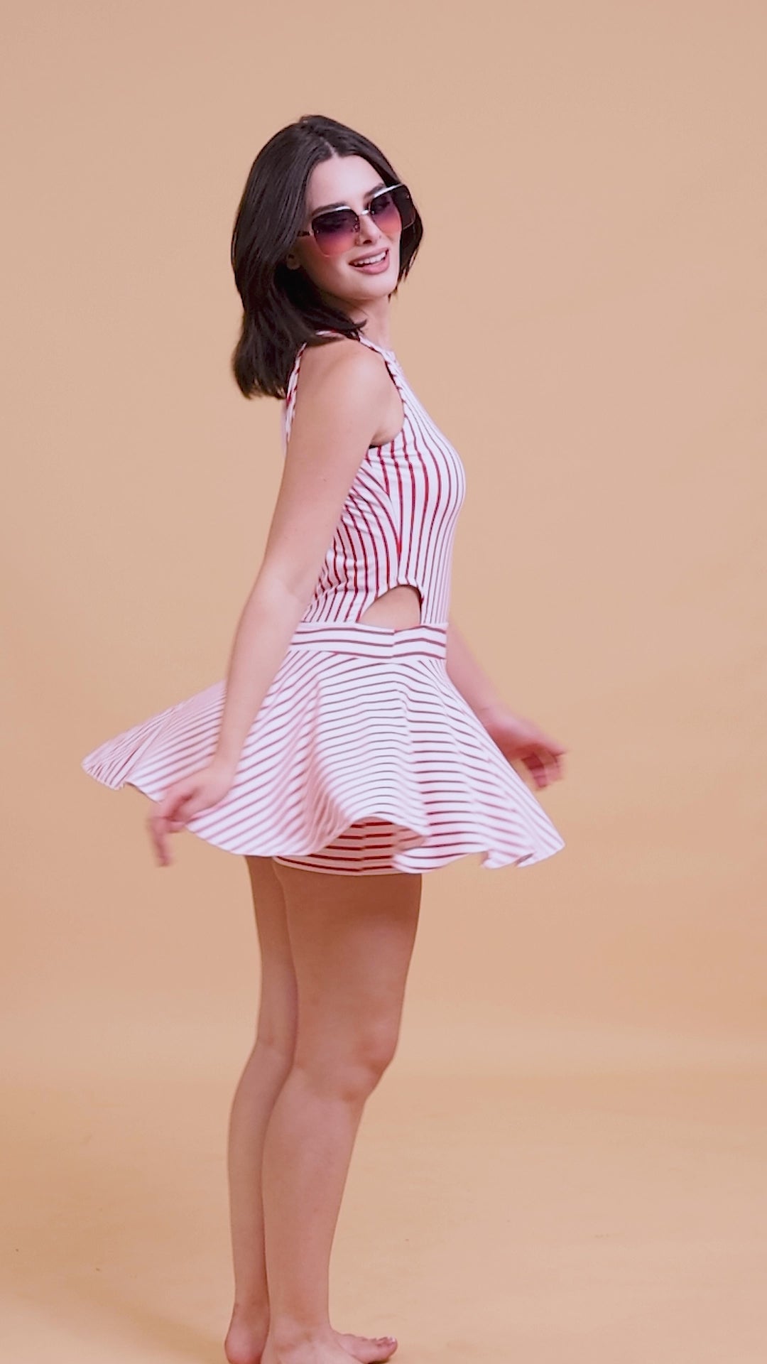CUKOO Padded Retro Red Striped Skirted Swimwear