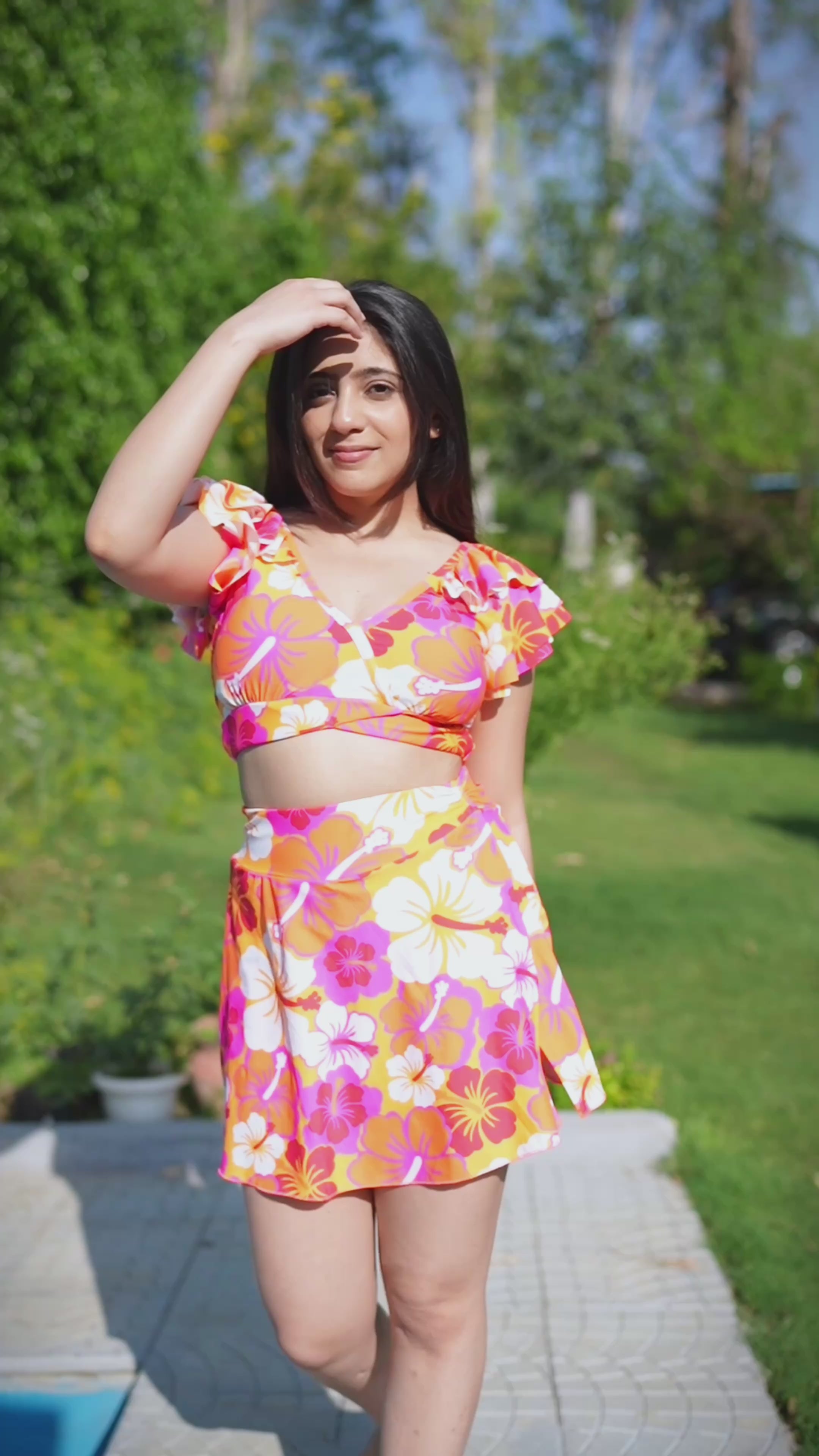 Orange Hibiscus Floral Ruffle Two-Piece Padded Skirted Swimwear