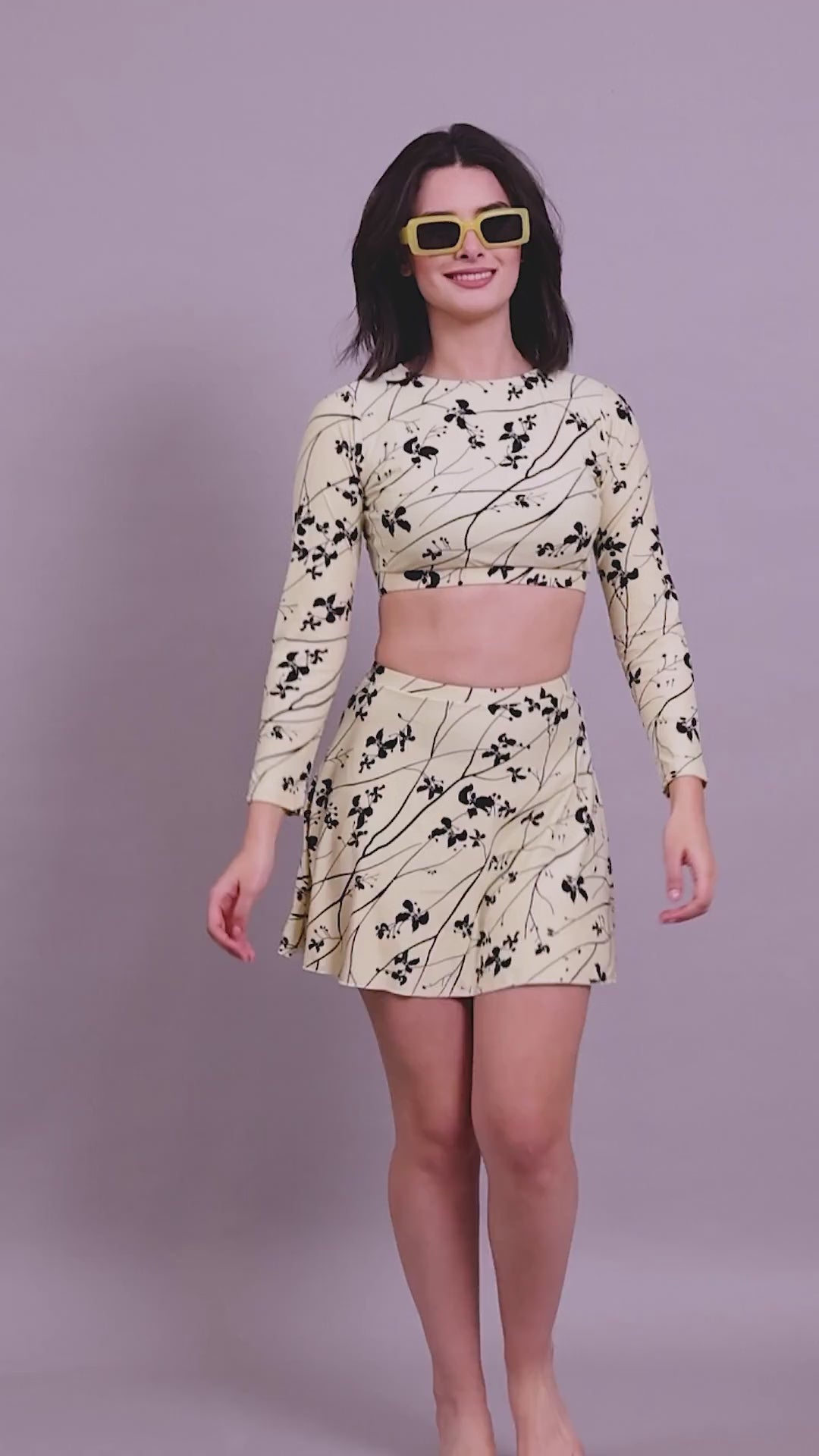 CUKOO Padded Off-White Floral Full Sleeve Skirtini Swimwear