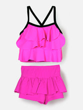 CUKOO Girls Solid Pink Ruffled 2 PC Swim suit set (kids swimsuit)