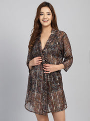 Brown printed cover up Sarong with Gold Lurex Line (Only Sarong)