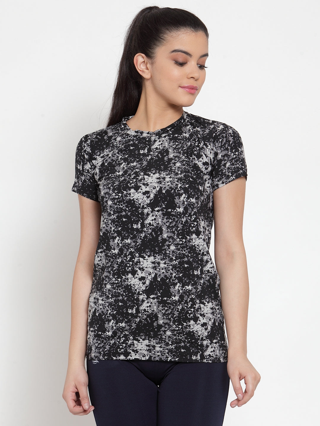 Cukoo Active Wear: Black and Grey Printed Short- Sleeve T-Shirt for Women - Cukoo 